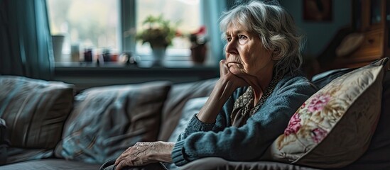 Fototapeta premium Senior Woman Sitting On Sofa At Home Suffering From Depression. with copy space image. Place for adding text or design