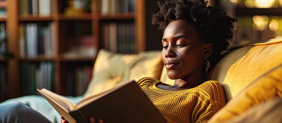 Rest relax and study at home Glad young black curly woman reading book lying on sofa enjoy spare time alone and education hobby in evening in minimalist living room interior. with copy space image