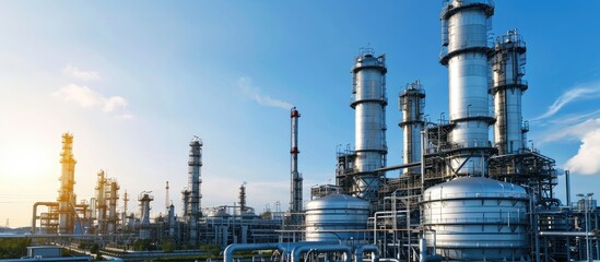 Oil and gas refinery plant and storage tank form industry zone with blu sky background Oil and gas Industrial petrochemical fuel power and energy Ecosystem and ecology environment