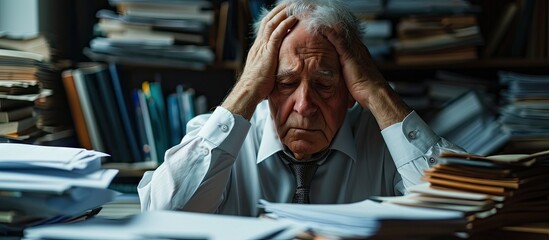 Old male employee and too much work in the office. with copy space image. Place for adding text or design