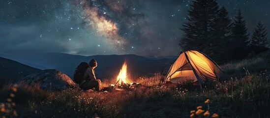 Silhouette of male traveler sitting near campfire under night sky with stars and Milky way Starry sky under grassy hill with hiker bonfire and camp tents Concept of travelling and night camping