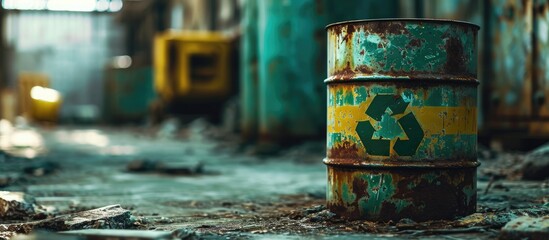 Photography of barrel of chemical weapons Painted picture Green panted sign of danger. with copy space image. Place for adding text or design - obrazy, fototapety, plakaty