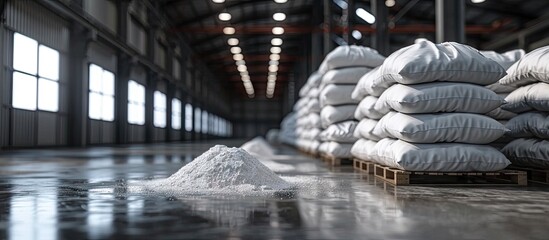 Fototapeta premium Powdered milk in paper bags stacked on plastic pallets factory warehouse. with copy space image. Place for adding text or design