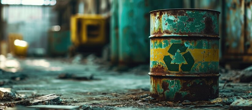 Photography of barrel of chemical weapons Painted picture Green panted sign of danger. with copy space image. Place for adding text or design