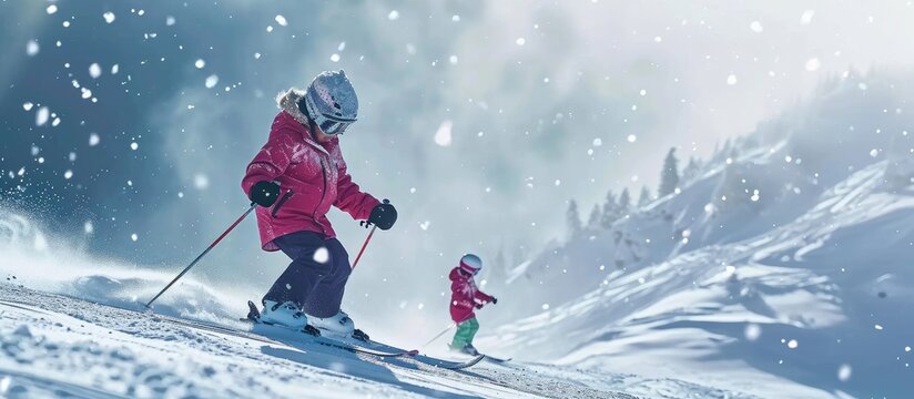 skiing master class for kids with instructor in winter sports school for children. with copy space image. Place for adding text or design