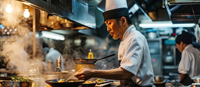 picture of an unrecognizable chef at a street kitchen in the fish market in Tokyo prepares bowls of food. with copy space image. Place for adding text or design