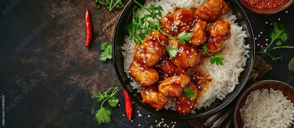 Poster Top view of spicy honey chicken tenders served with rice. with copy space image. Place for adding text or design