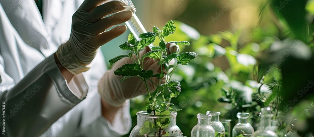 Poster slide view of biologist researcher analyzing gmo green leaf using medical microscope chemist scienti