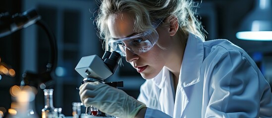 My analysis Content promising blond scientist holding blood test tubes and wearing a uniform and medical gloves while sitting near a microscope. with copy space image. Place for adding text or design
