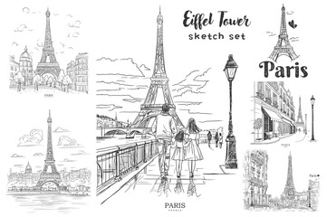Eiffel Tower, Paris, Paris, France. Hand drawn vector sketches.
