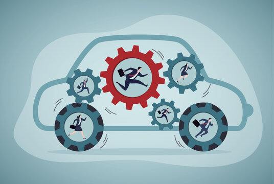 Business person collaborate with each other to make progress. Each of them like a gear on the car. Working together to accelerate the company's development.