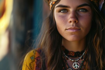 Peaceful Revolution: A Captivating 1960s Citizen Portrait - A Close-Up of a Hippie with Long Hair, Headband, and Peace Symbol Necklace, Echoing the Counterculture and Anti-Establishment Spirit.

