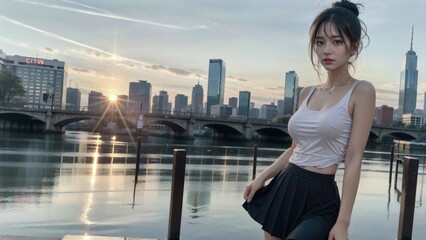 Fototapeta na wymiar New York girl standing by the river sunset