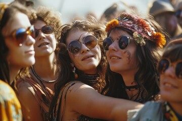 Free Spirits Unleashed: A 1960s Group Portrait, Capturing the Happy Gathering at Woodstock - Young People Embracing Music, Counterculture, and the Joyful Liberation of the Free-Spirited Vibe.

 - obrazy, fototapety, plakaty