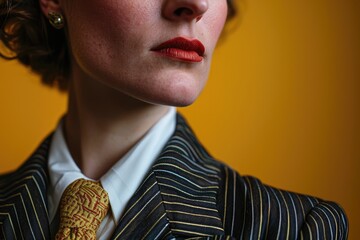 Retro Corporate: Dive into the past with a close-up of a business professional from the 1980s, exuding confidence in a power suit with bold shoulder pads, reflecting the iconic style and corporat - obrazy, fototapety, plakaty