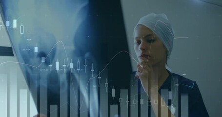 Animation of financial data processing over caucasian female doctor - Powered by Adobe