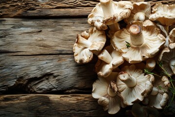 Fototapeta na wymiar Portobello Mushrooms Artfully Arranged on a Rustic Wooden Table, Providing Copy Space to Showcase the Natural, Healthy Essence of Farm-Fresh Cuisine