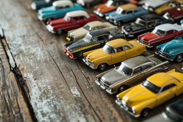 Miniature Automobile Harmony: Artfully Arranged Tiny Toy Cars in a Flat Lay on a Wooden Background,...