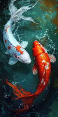  painting of two koi fish in water, generative AI