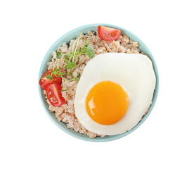 Tasty boiled oatmeal with fried egg, tomato and microgreens isolated on white, top view