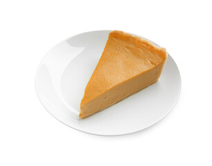Plate with piece of delicious pumpkin pie isolated on white