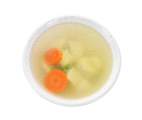 Tasty soup with vegetables in bowl isolated on white, above view