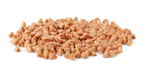 Many dry buckwheat grains isolated on white