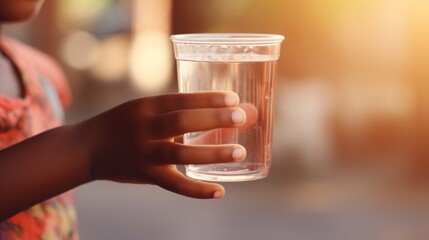 Closeup of a childs hand holding a cup of clean drinking water, provided through humanitarian aid efforts.