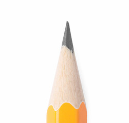Sharp graphite pencil isolated on white, top view. Macro photo