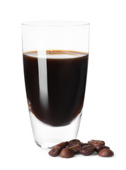 Shot glass with coffee liqueur and beans isolated on white