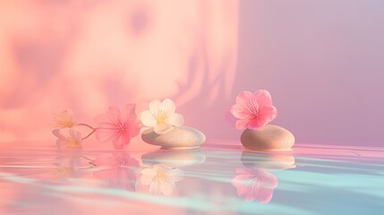 Fototapeta na wymiar Tranquil pink flowers and stones on reflective water surface