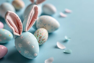 Fototapeta na wymiar Easter eggs and bunny ears on blue background