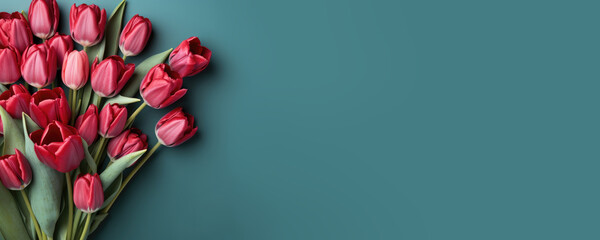 Horizontal banner with copyspace. Bouquet of red tulips on dark green pine background. Concept of...