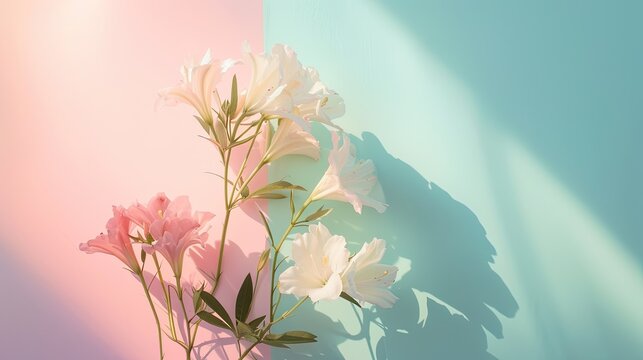 floers in front of a pastel pink and blue wall with copy space