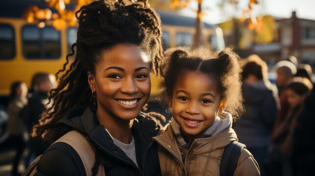 A mom picking up a kid from school. 