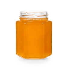 Tasty honey in glass jar isolated on white
