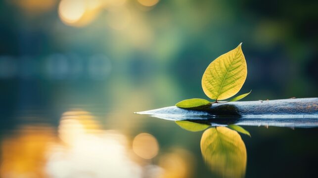 A solitary leaf resting on a calm, still body of water, symbolizing the peace that comes with mindful meditation.