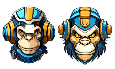 set of cartoon mascots of monkey heads wearing robot helmets