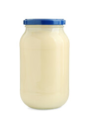 Fresh mayonnaise sauce in glass jar isolated on white