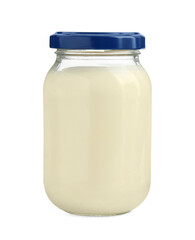 Fresh mayonnaise sauce in glass jar isolated on white