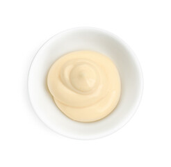Fresh mayonnaise sauce in bowl isolated on white, top view