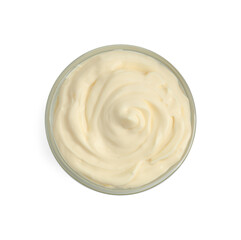 Fresh mayonnaise sauce in glass bowl isolated on white, top view