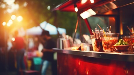 Detailed shot of a food truck serving up delicious treats, a staple at any music festival experience. - obrazy, fototapety, plakaty