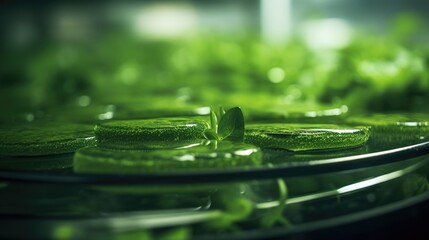 Extreme closeup of nutrientrich spirulina algae growing in a sustainable production facility.