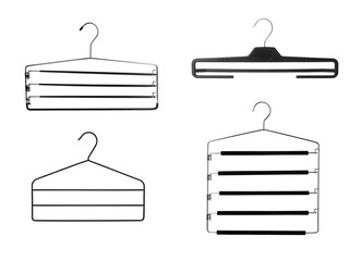 Different empty hangers isolated on white, set