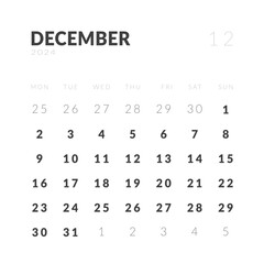 Template design of Monthly Calendar on December 2024. Vector layout minimal calendar in Square shape with week start Monday.