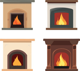 Set of four different fireplaces with burning fires. Various designs ranging from classic to modern style vector illustration.