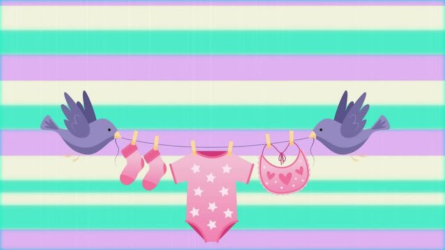 Animation of two birds holding baby clothes on washing line over pastel striped background