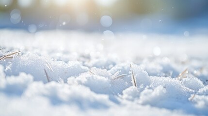 Closeup of a thin layer of snow, showing the impact of warmer temperatures on winter weather. - obrazy, fototapety, plakaty
