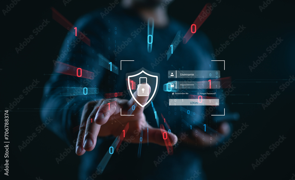 Aufkleber Cybersecurity and privacy concepts to protect data. Lock icon and internet network security technology. Businessman protecting personal information data show on hand, secure, password, privacy, access